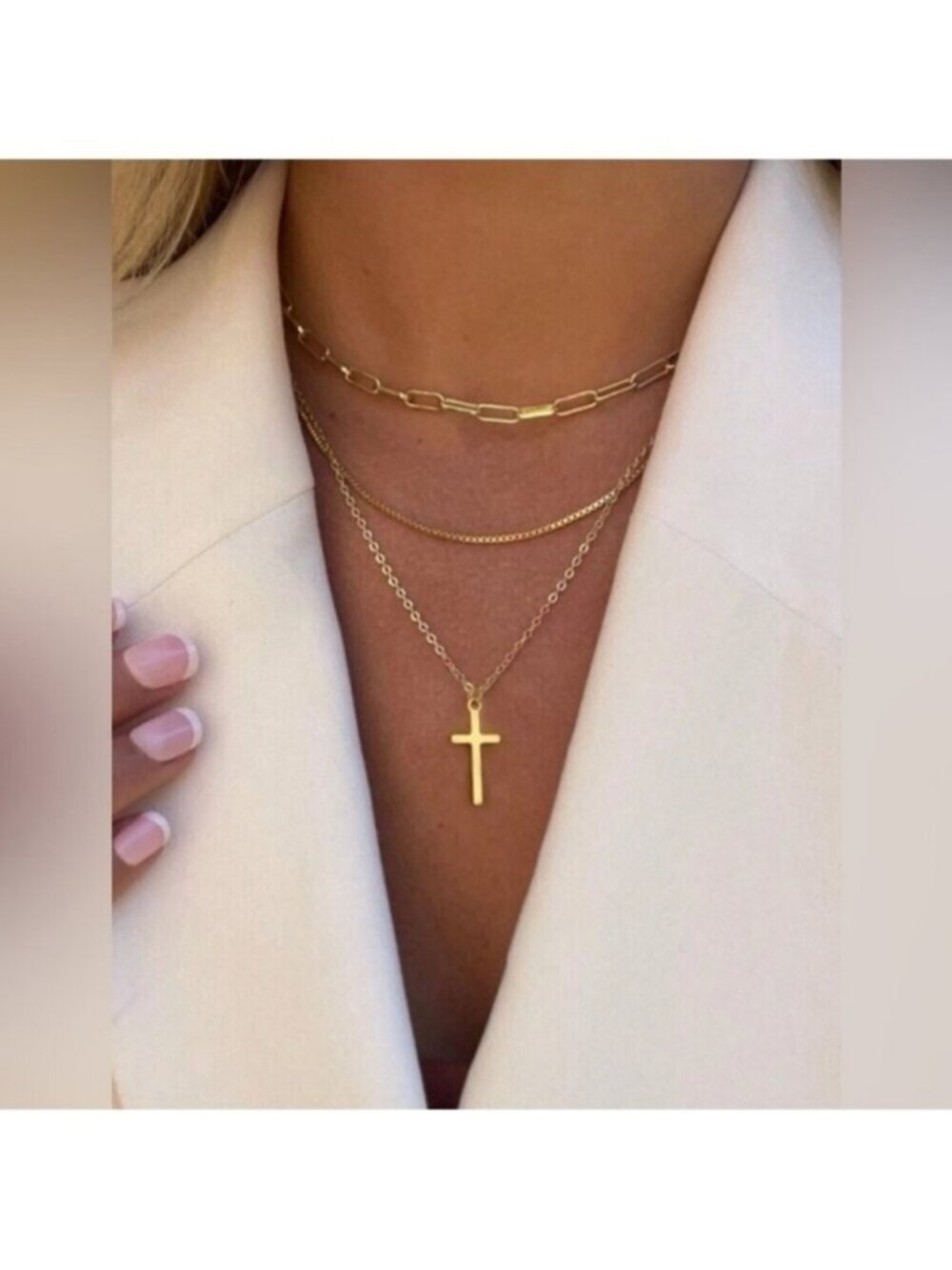 Gold 3pc Cross Pendant Layered Necklace Set